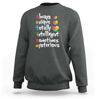 Autism awareness sweatshirt, charcoal, multicolor puzzle-heart slogan graphic