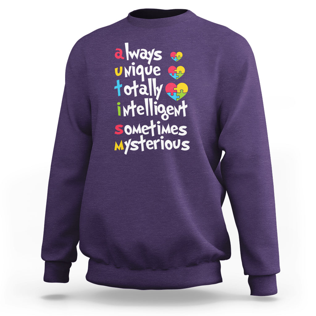 Autism awareness sweatshirt, purple, multicolor puzzle-heart slogan graphic