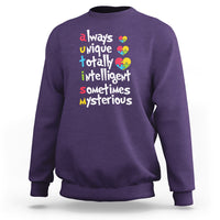 Autism awareness sweatshirt, purple, multicolor puzzle-heart slogan graphic