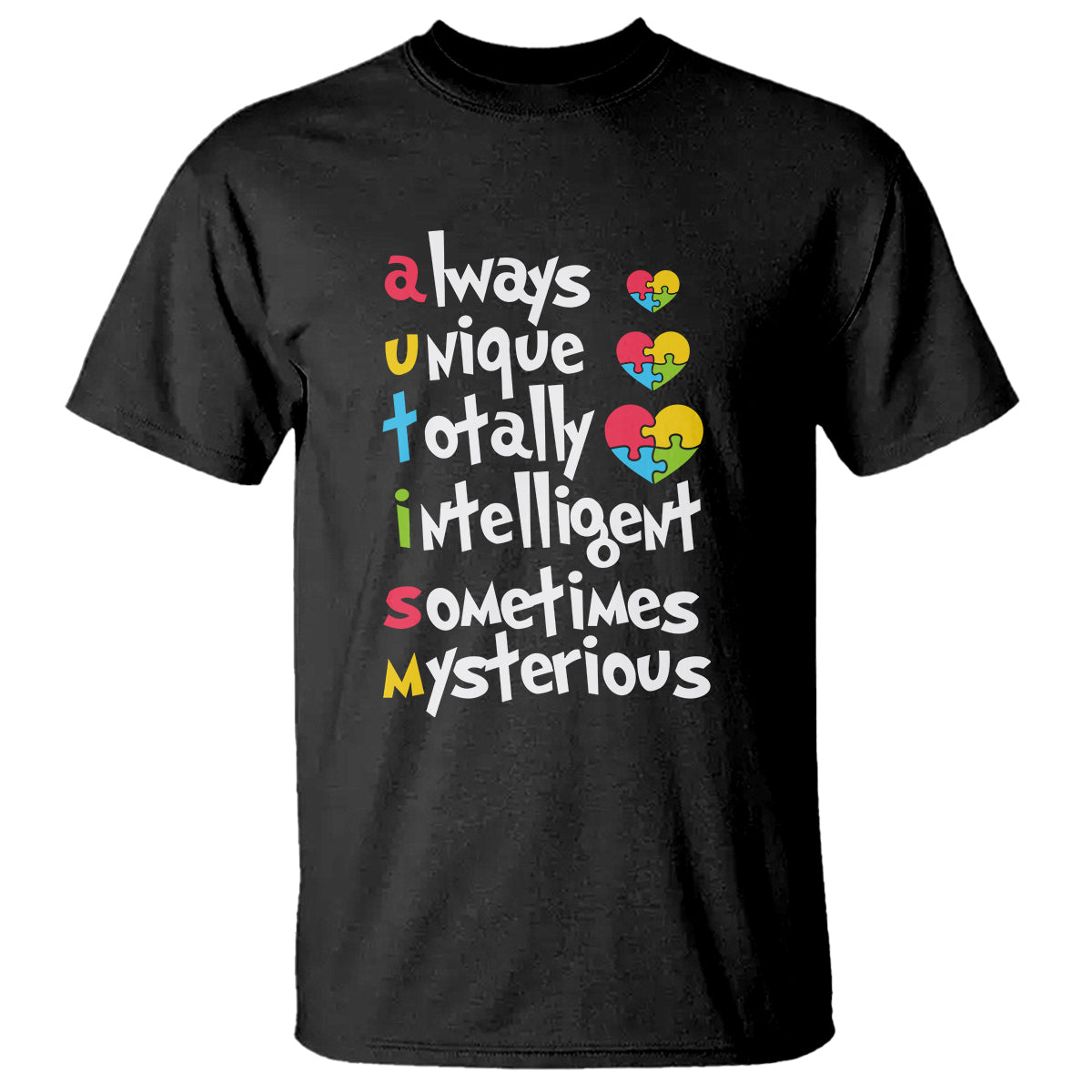Black autism slogan T-shirt with colorful puzzle heart graphic