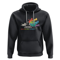 Black hoodie with cat graphic, drawstring hood, front pocket, rainbow ribbon