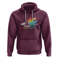 Maroon hoodie with cat graphic, drawstring hood, front pocket, rainbow ribbon