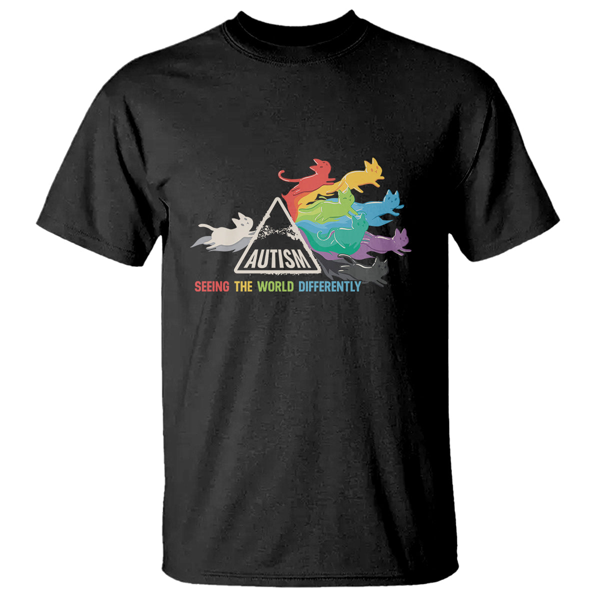 Black cat graphic t-shirt with rainbow cats over a badge-style autism message