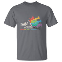 Dark heather gray cat graphic t-shirt with rainbow cats and badge-style autism message