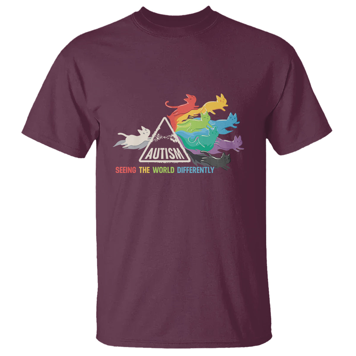 Maroon cat graphic t-shirt with rainbow cats and badge-style autism message