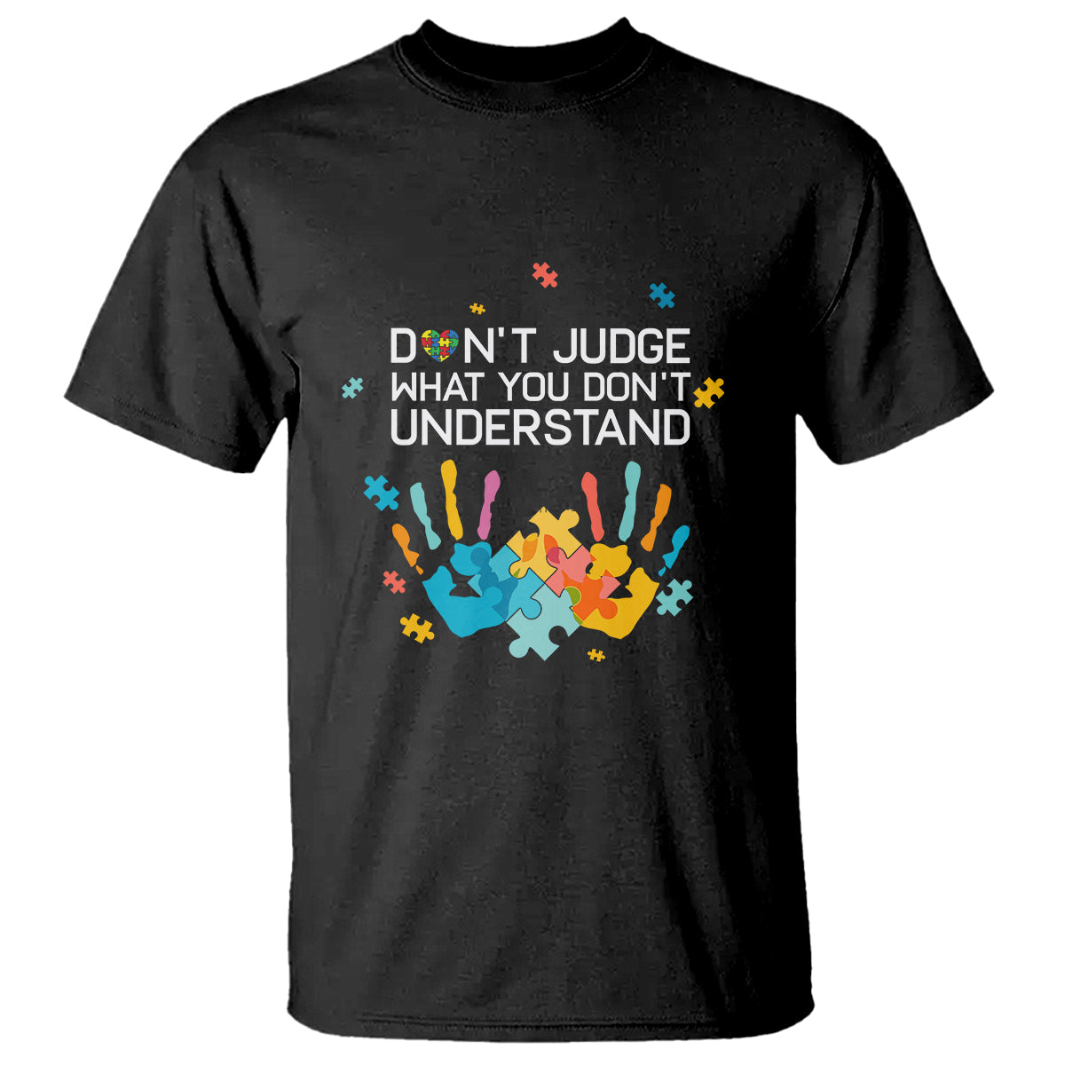 Autism awareness T-shirt, black, puzzle graphic 'Don't Judge What You Don't Understand'