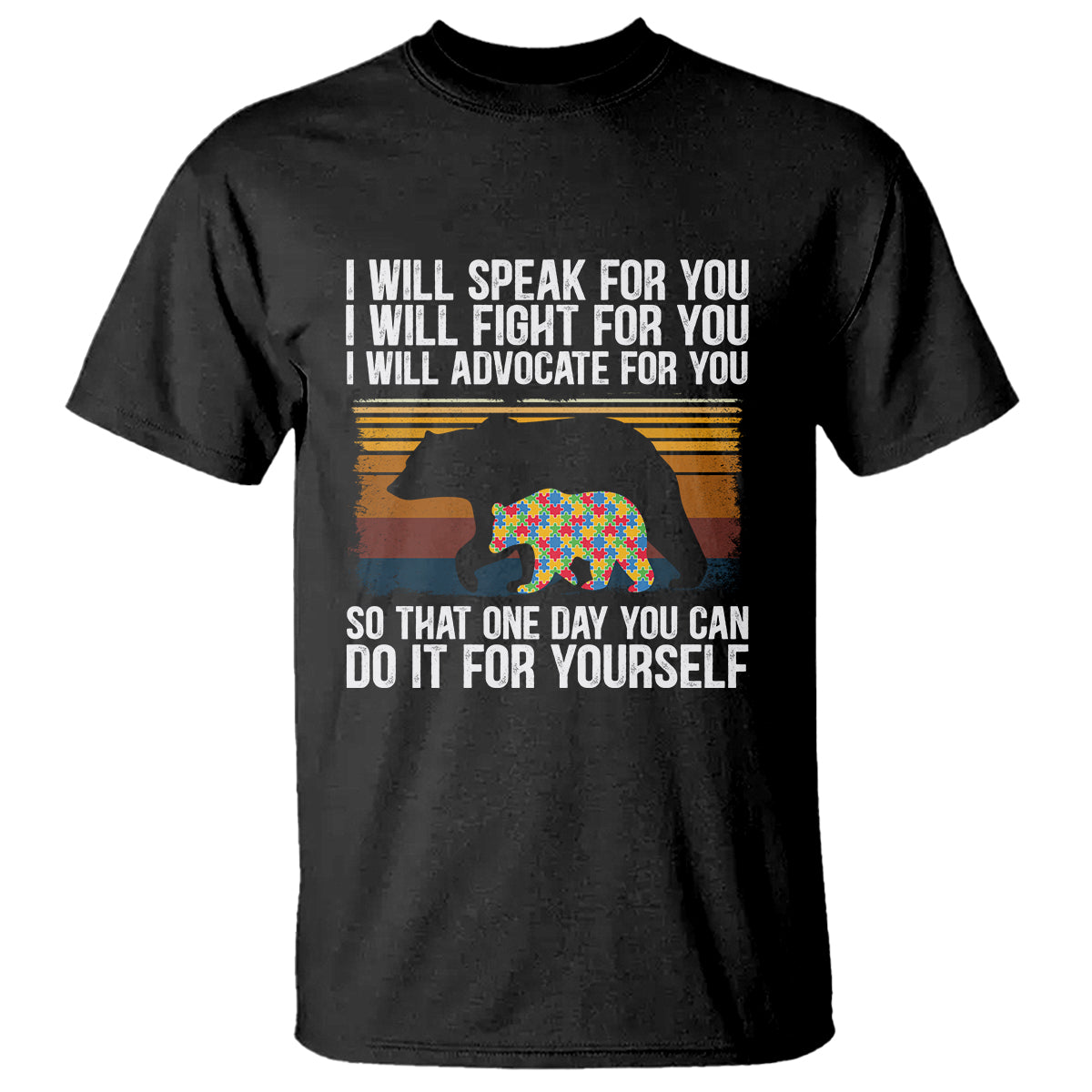 Black T-shirt with retro bear silhouette graphic and advocacy statement text