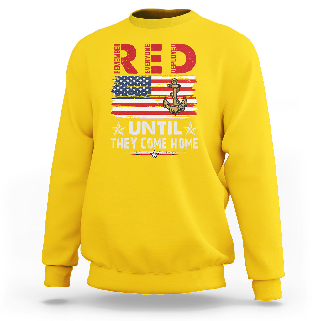 Daisy yellow crewneck military sweatshirt with patriotic anchor, U.S. flag, and bold text graphic