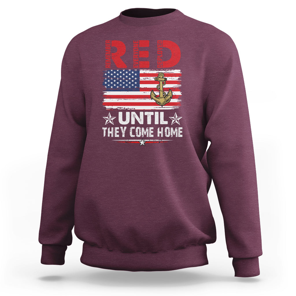 Maroon crewneck military sweatshirt with patriotic anchor, U.S. flag, and bold text graphic
