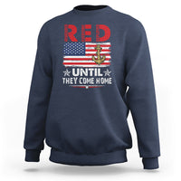 Navy crewneck military sweatshirt with patriotic anchor, U.S. flag, and bold text graphic