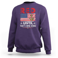 Purple crewneck military sweatshirt with patriotic anchor, U.S. flag, and bold text graphic