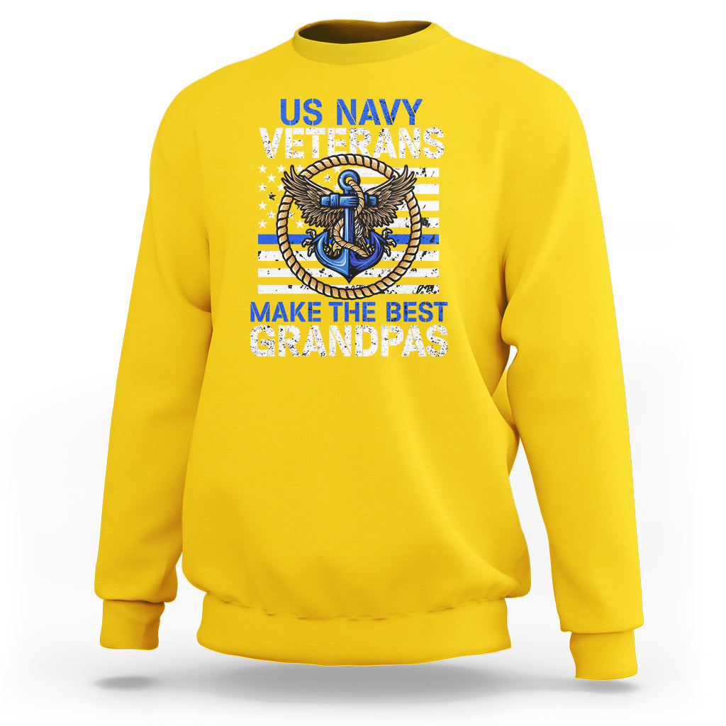 Old Navy crewneck sweatshirt, daisy yellow with US NAVY VETERANS anchor graphic and GRANDPAS text.