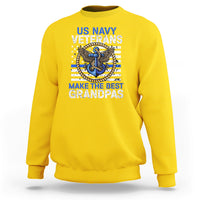 Old Navy crewneck sweatshirt, daisy yellow with US NAVY VETERANS anchor graphic and GRANDPAS text.