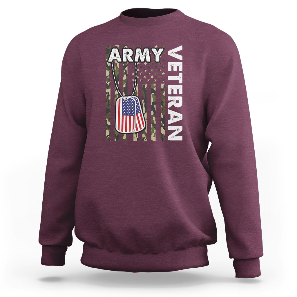 Maroon camo American flag sweatshirt with Army Vet graphic on chest