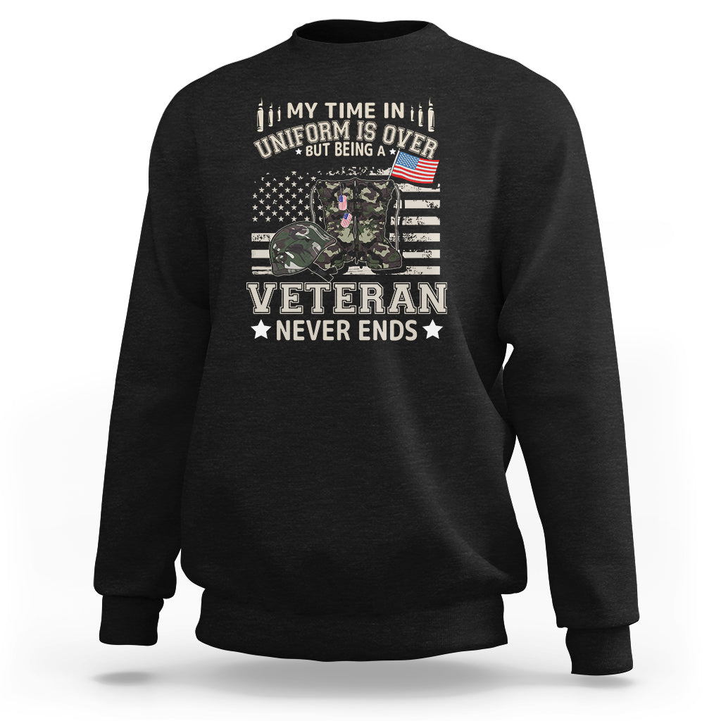 Black sweatshirt with Veteran Never Ends graphic on front