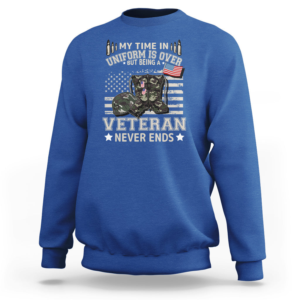 Royal blue sweatshirt with Veteran Never Ends graphic on front