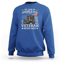 Royal blue sweatshirt with Veteran Never Ends graphic on front