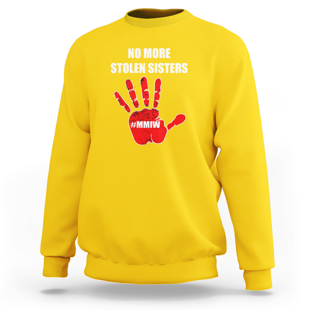 Daisy yellow crewneck sweatshirt with 'NO MORE STOLEN SISTERS' and red hand graphic (#MMIW)