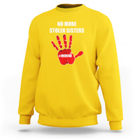 Daisy yellow crewneck sweatshirt with 'NO MORE STOLEN SISTERS' and red hand graphic (#MMIW)