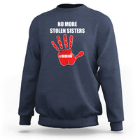 Navy crewneck sweatshirt with 'NO MORE STOLEN SISTERS' and red hand graphic (#MMIW)