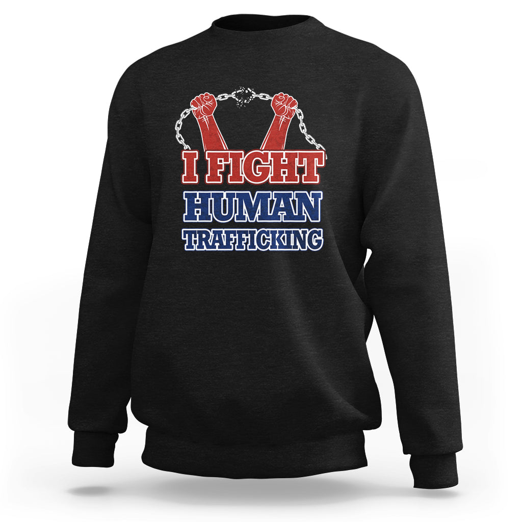 Black sweatshirt with 'I FIGHT HUMAN TRAFFICKING' graphic and fist chain