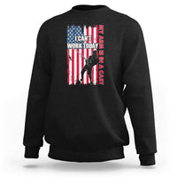Black crewneck sweatshirt with patriotic graphic and text on chest, long sleeves