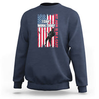 Navy crewneck sweatshirt with patriotic graphic and text on chest, long sleeves