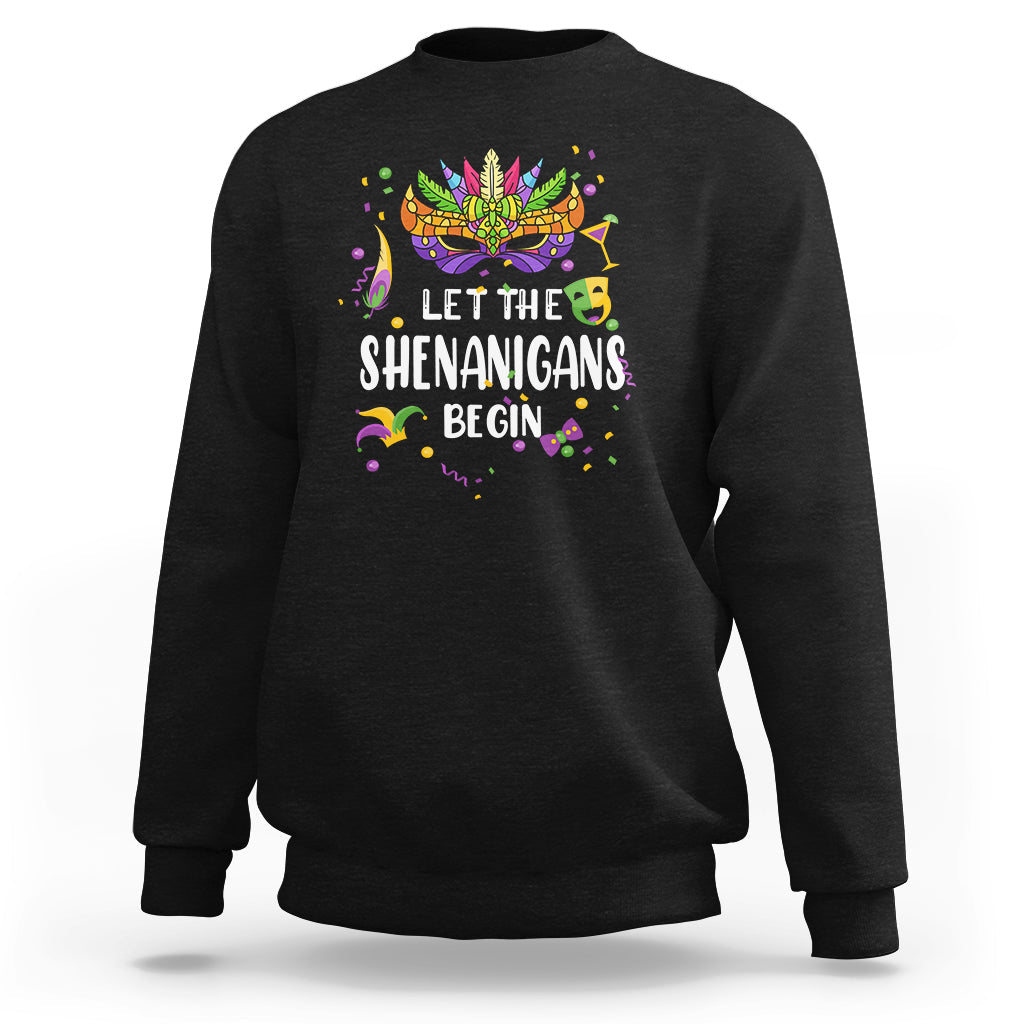 Women’s black sweatshirt with colorful Mardi Gras mask and “Let the Shenanigans Begin” text