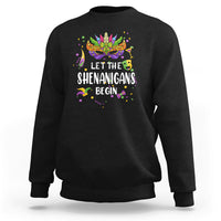 Women’s black sweatshirt with colorful Mardi Gras mask and “Let the Shenanigans Begin” text