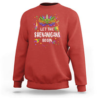 Women’s red sweatshirt with colorful Mardi Gras mask and “Let the Shenanigans Begin” text