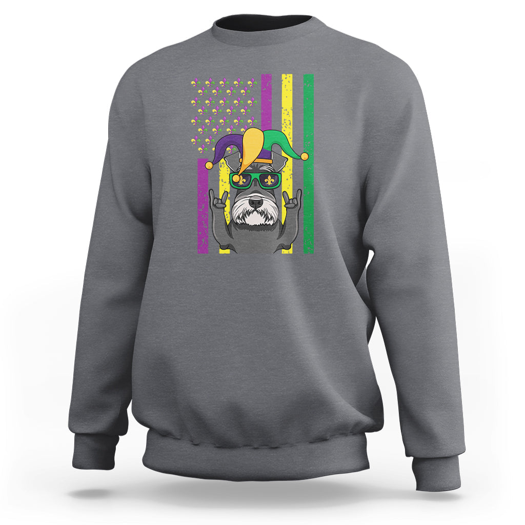 Charcoal gray sweatshirt with colorful Mardi Gras schnauzer dog graphic on front