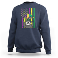 Navy sweatshirt with colorful Mardi Gras schnauzer dog graphic on front
