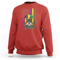 Red sweatshirt with colorful Mardi Gras schnauzer dog graphic on front