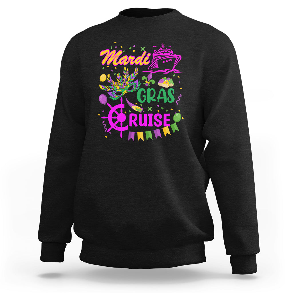 Black crewneck sweatshirt with colorful "Mardi Gras" and "Cruise" graphic