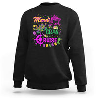 Black crewneck sweatshirt with colorful "Mardi Gras" and "Cruise" graphic