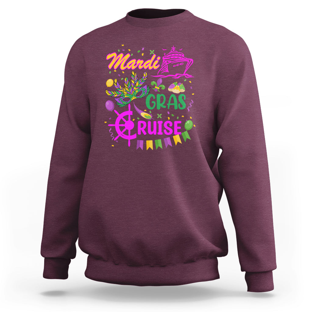 Maroon crewneck sweatshirt with colorful "Mardi Gras" and "Cruise" graphic