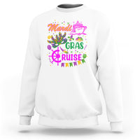 White crewneck sweatshirt with colorful "Mardi Gras" and "Cruise" graphic