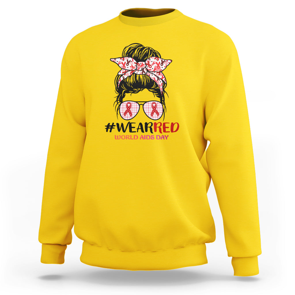 #Wearred World AIDS Day Sweatshirt Messy Bun Red Ribbon - Wonder Print Shop