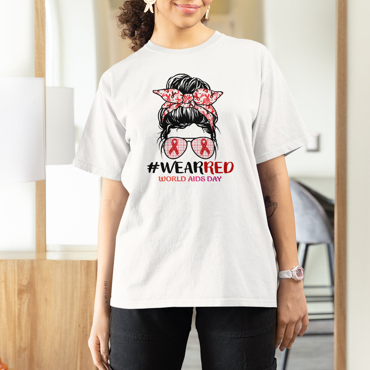 #Wearred World AIDS Day T Shirt For Women Messy Bun Red Ribbon - Wonder Print Shop