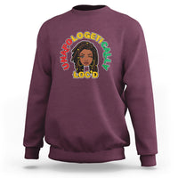 Maroon womens crewneck sweatshirt with colorful front logo graphic featuring a woman portrait