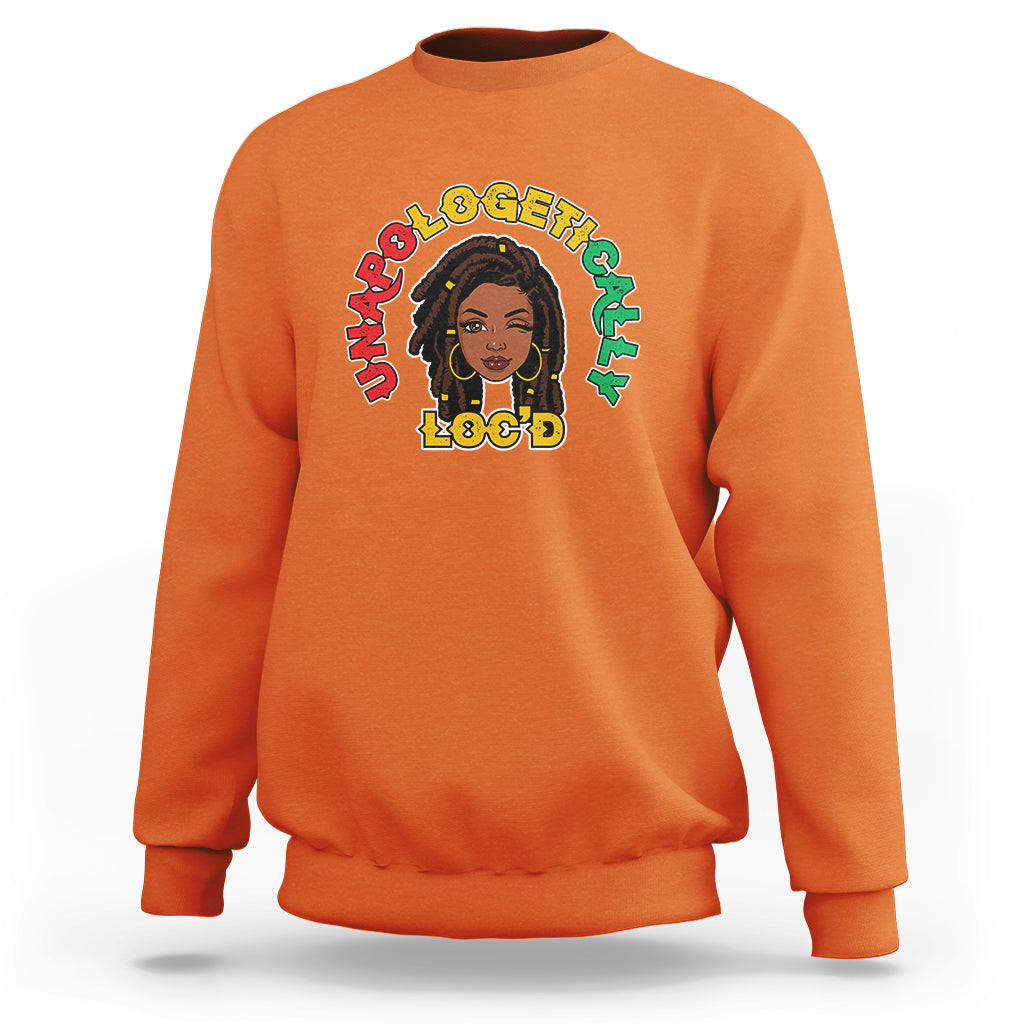 Orange womens crewneck sweatshirt with colorful front logo graphic featuring a woman portrait