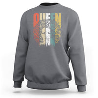 Dark heather gray women’s sweatshirt with Queen graphic on back, crew neck, long sleeves