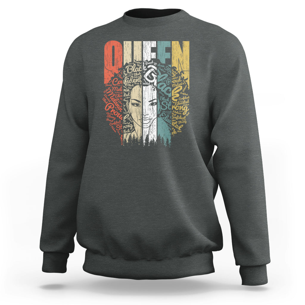 Charcoal women’s sweatshirt with Queen graphic on back, crew neck, long sleeves