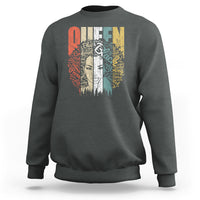 Charcoal women’s sweatshirt with Queen graphic on back, crew neck, long sleeves