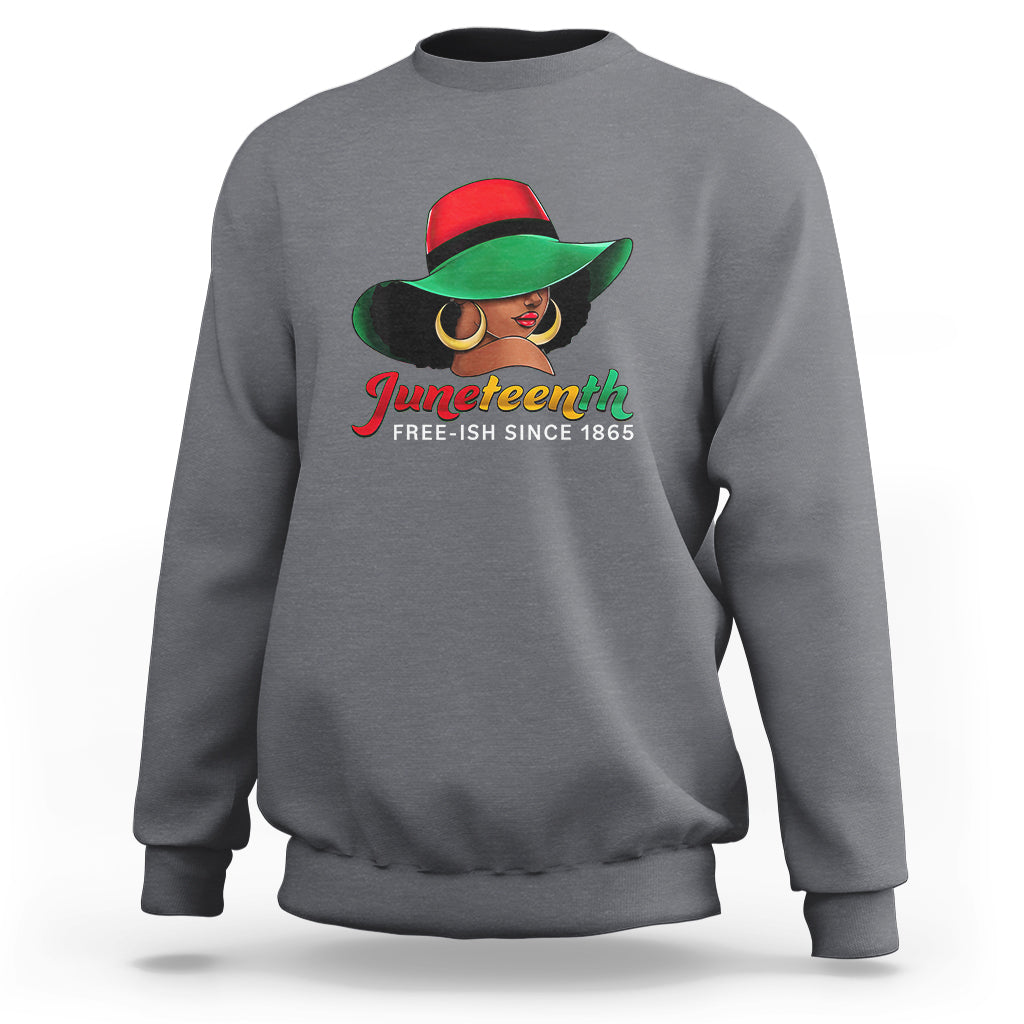Women's dark heather gray crewneck sweatshirt with colorful Juneteenth graphic and “Free-ish since 1865”