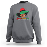 Women's dark heather gray crewneck sweatshirt with colorful Juneteenth graphic and “Free-ish since 1865”