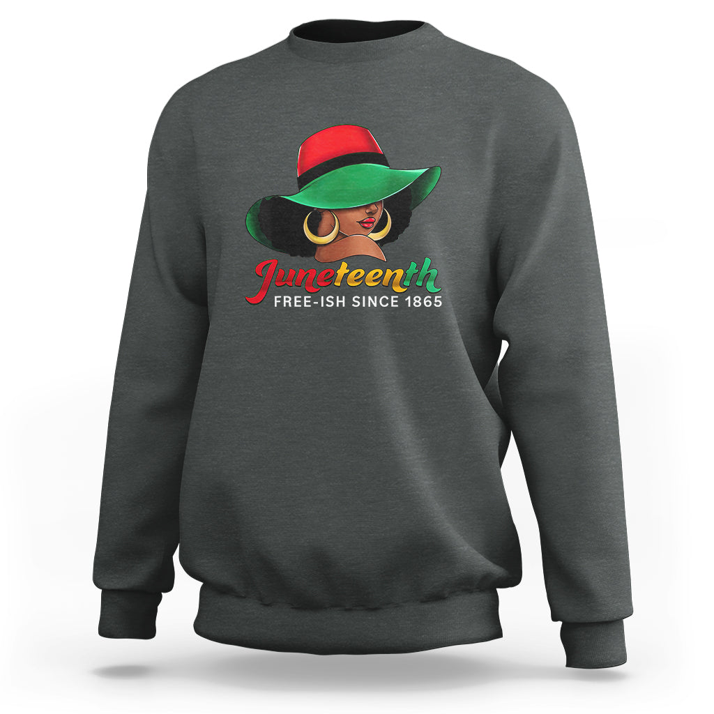 Women's charcoal gray crewneck sweatshirt with colorful Juneteenth graphic and “Free-ish since 1865”