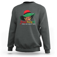 Women's charcoal gray crewneck sweatshirt with colorful Juneteenth graphic and “Free-ish since 1865”