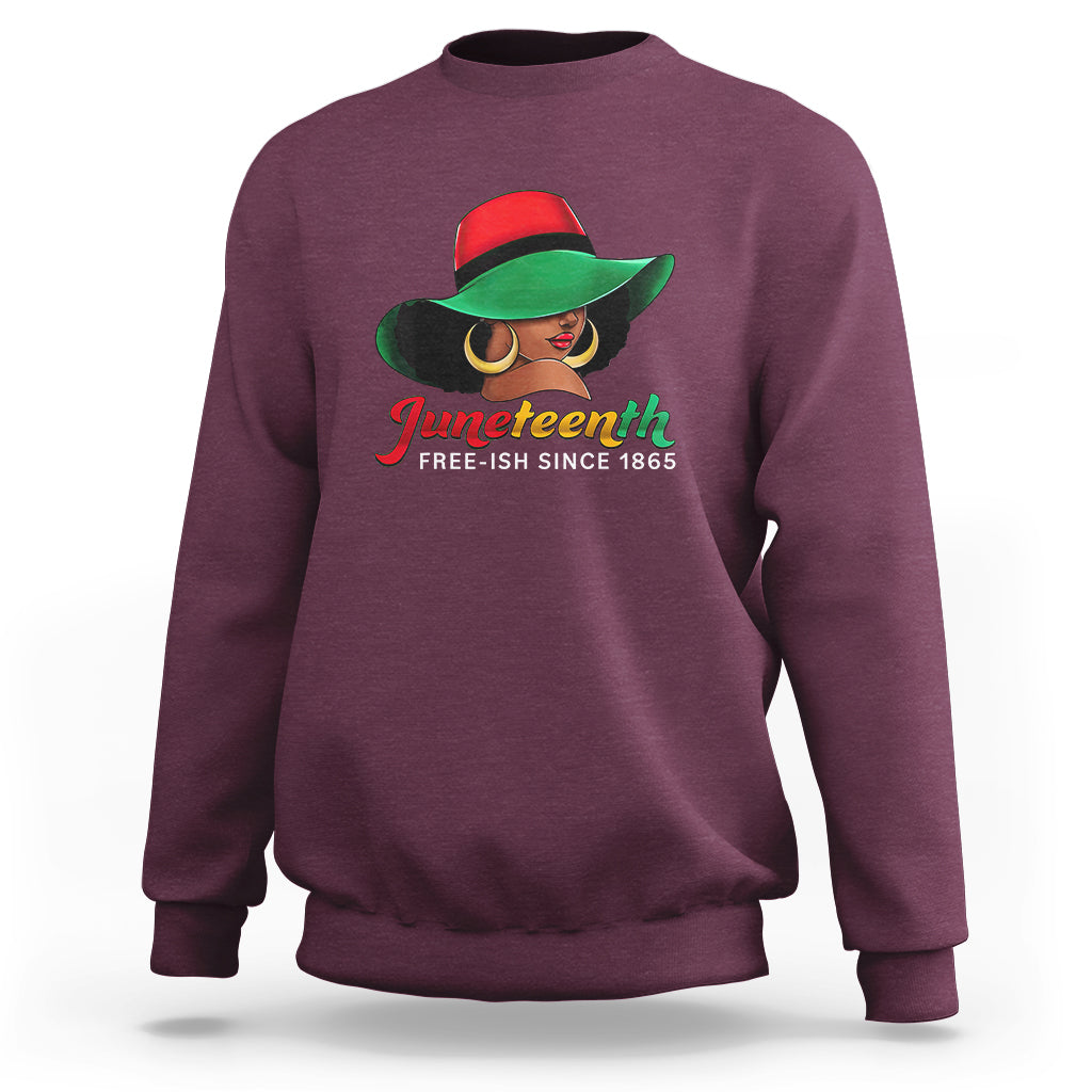 Women's maroon crewneck sweatshirt with colorful Juneteenth graphic and “Free-ish since 1865”