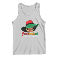Light gray Juneteenth tank top with cartoon figure and 'Juneteenth' text graphic
